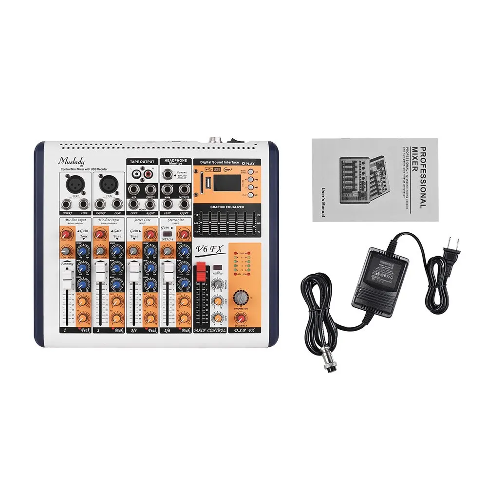 

Muslady V6-FX 6-Channel Portable Mixing Console Mixer Built-in 16 DSP Effects +48V Phantom Power Supports BT Connection