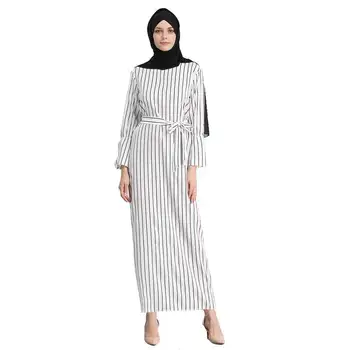 

Summer Striped Slim Waist Belt Long Dress Muslim Trumpet Sleeve Maxi Dresses Middle East Ramadan Arab Islamic Clothing A61504