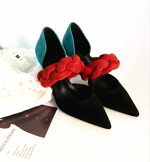 Цвет: Красный Плетеный ремешок; туфли-лодочки на высоком каблуке-шпильке; женская обувь с острым носком; плетеные женские вечерние туфли-лодочки; бархатная обувь