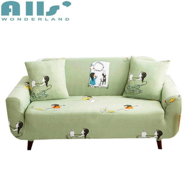 Sale! Cartoon Bunny and Little Girl Couch Cover Soft Green