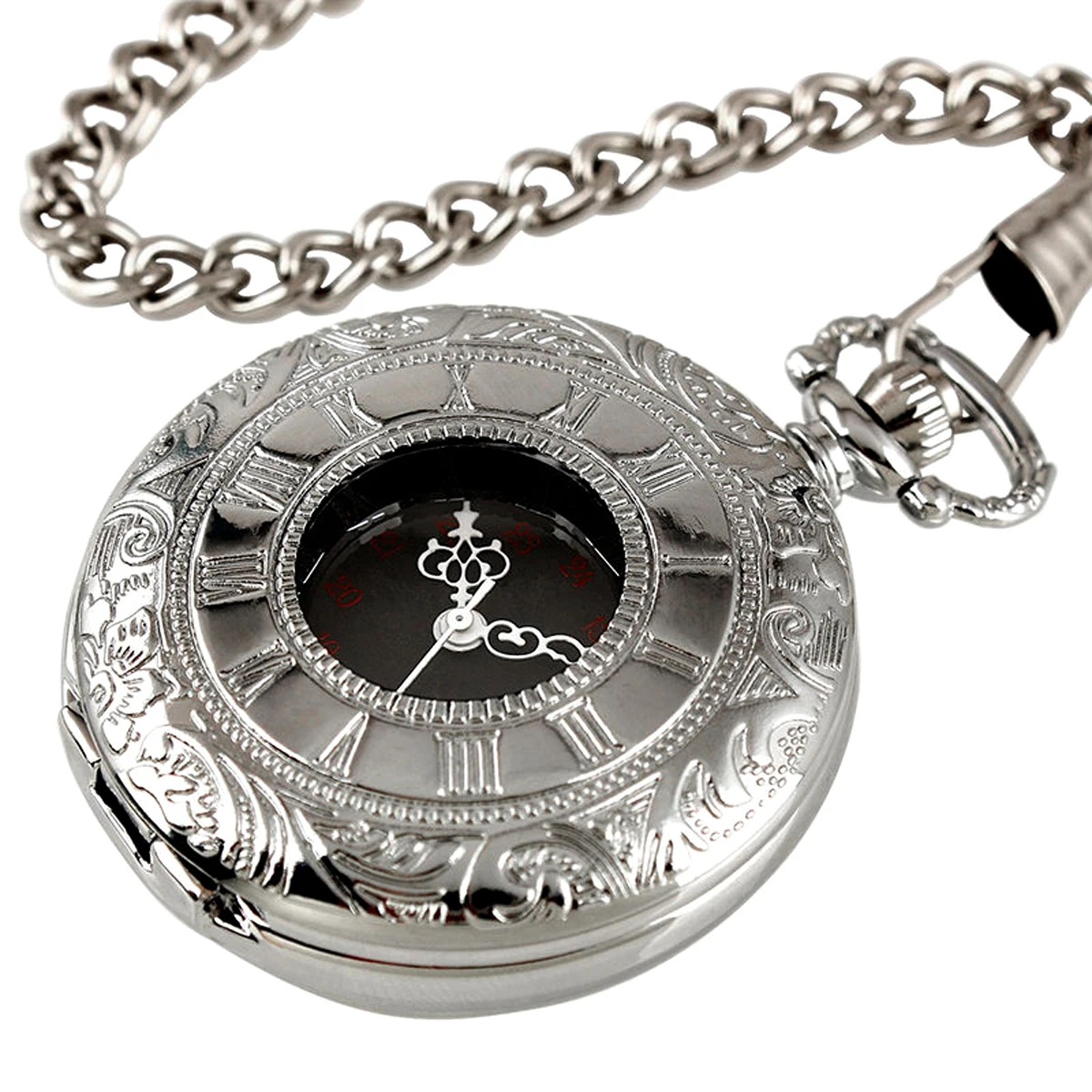 Vintage Silver Hollow Round Case Roman Numerals Black Dial Quartz Pocket Watch