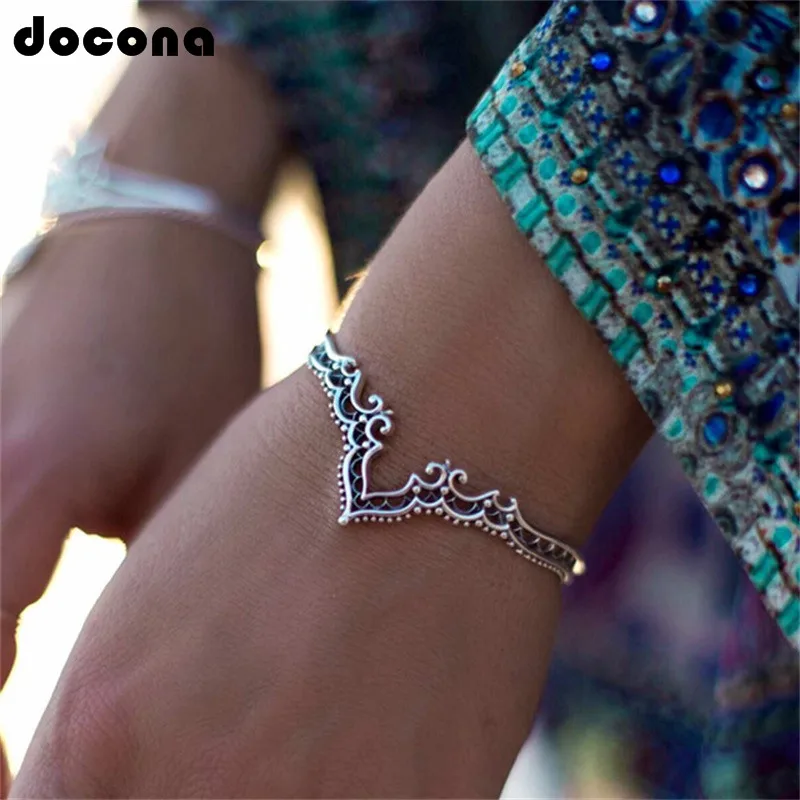 

Docona Antique Gold Silver Color Bangles Hollow Flower Bracelet for Women Carved Open Bracelets Bangle Party Jewelry 6868