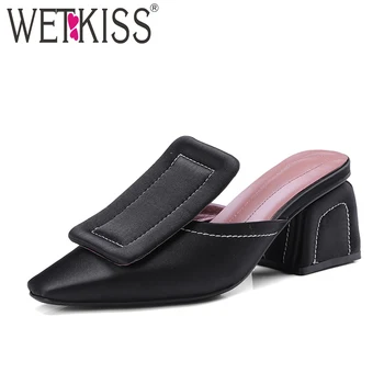 

WETKISS 2018 Summer Slippers Genuine Leather Shoes Soft Women Mules Hoof Heels Ladies Footwear Black Slides Satin Square Buckle