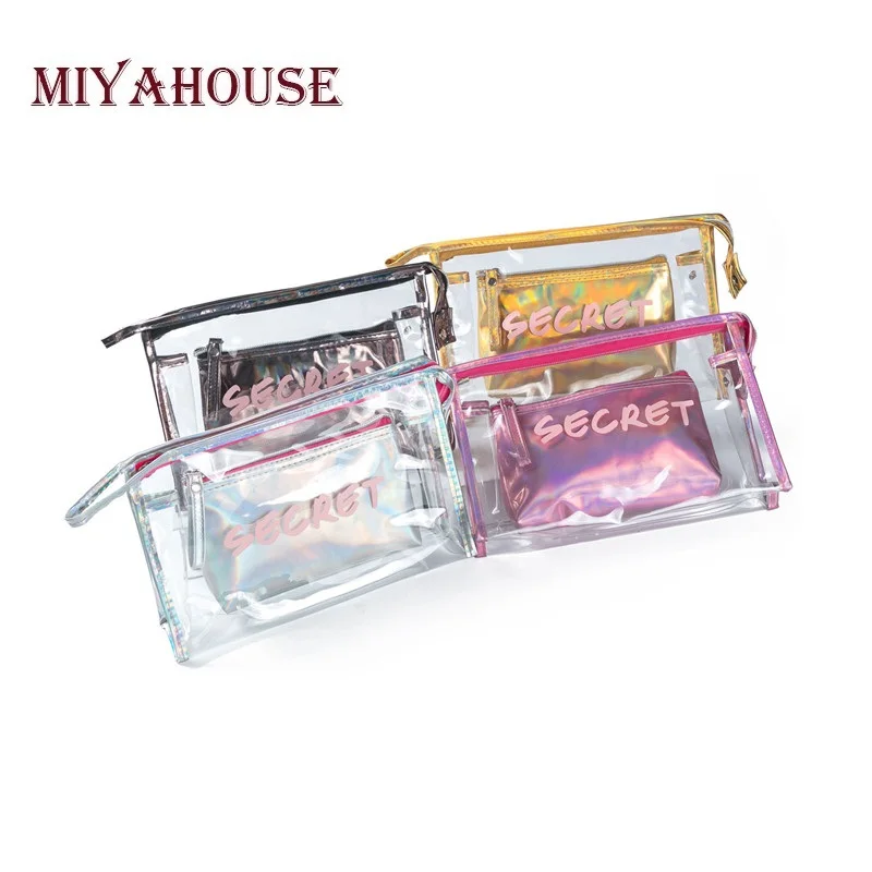 

2 pcs/set Makeup Bags Female Waterproof Portable Cosmetic Bag Women Letter Design Make Up Pouch Transparent Toiletry Bag