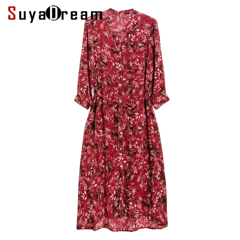 

Women Belted Dress 100%REAL SILK Crepe Printed Dresses V neck 3/4 Sleeved Casual Knee Length Dresses for Women 2019 Summer Red