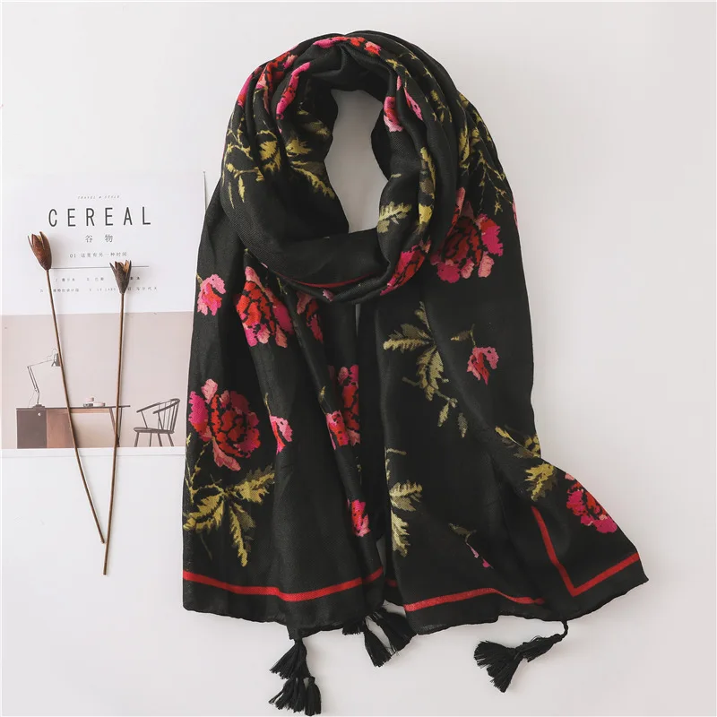 

2018 Luxury Women Fashion Black Rose Floral Viscose Shawl Scarf High Quality Print Soft Wrap Foulard Pashmina Hijab Muslim Sjaal