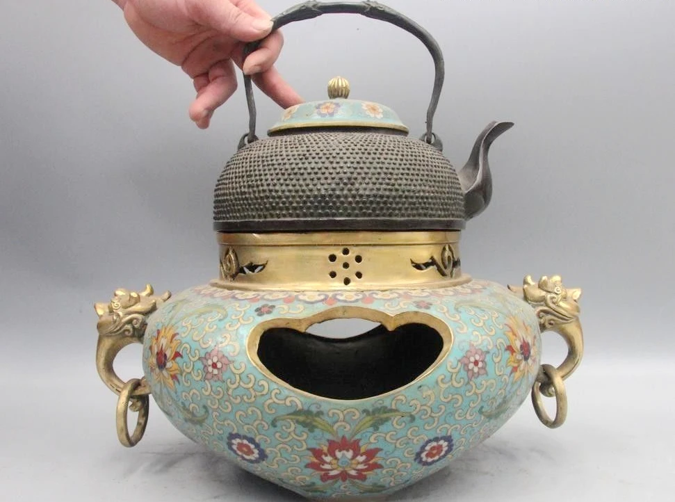 

Chinese Bronze Cloisonne Enamel Foo Dog Dragon Teapot Stove Burner Furnace Set