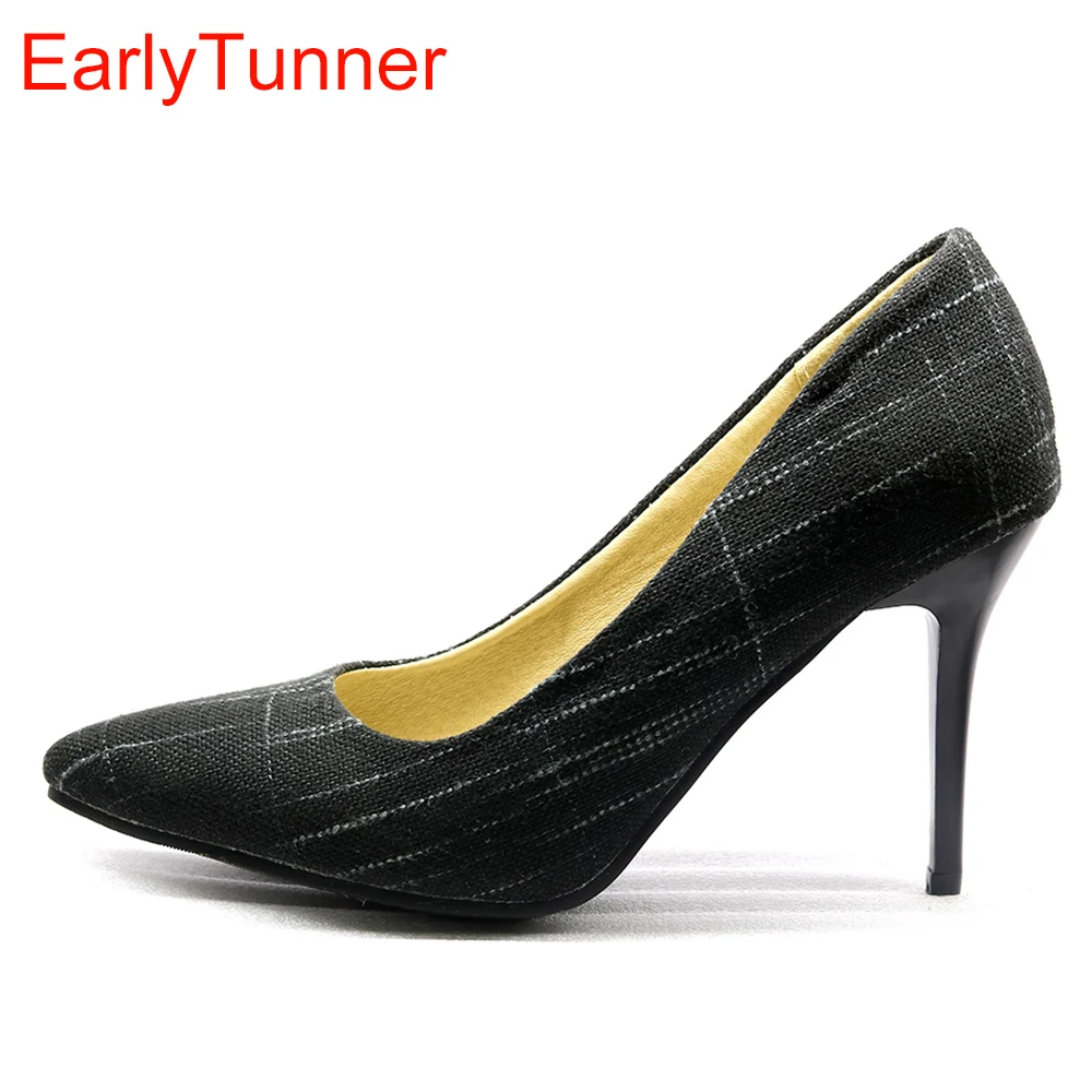 

Brand New Hot Sales Sweet Denim Black Blue Women Formal Pumps Brown High Stiletto Heels Lady Shoes EH218 Plus Big Size 48 30 10