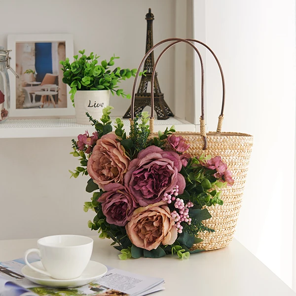 Pequenas Flores Palha Bolsa Praia Rattan Trança Feminina A5352 22x20cm