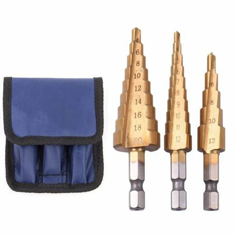 

3pcs HSS Steel Titanium Step Drill Bits 3-12mm 4-12mm 4-20mm Step Cone Cutting Tools Steel Woodworking Wood Metal Drilling Set