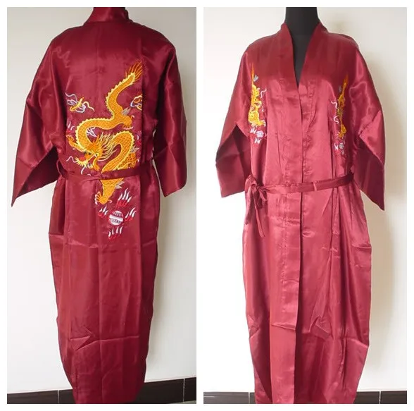 Горячая бордовый Китайский Мужской Шелковый Атласный халат Вышивка кимоно с драконом банное платье Размер M L XL XXL 3XL S0103-6