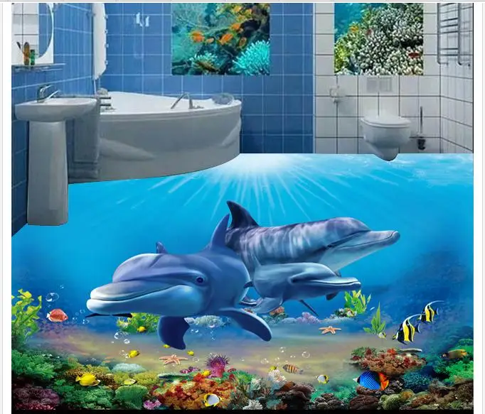 

3D pvc floor painting custom mural wallpaper 2015 new 3 d underwater world bathroom floor murals beauty home decoration