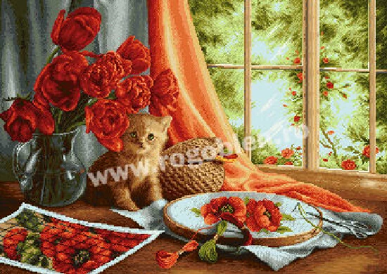 CS-363 cross stitch set kitten poppy flower embroidery cat kitty.jpg