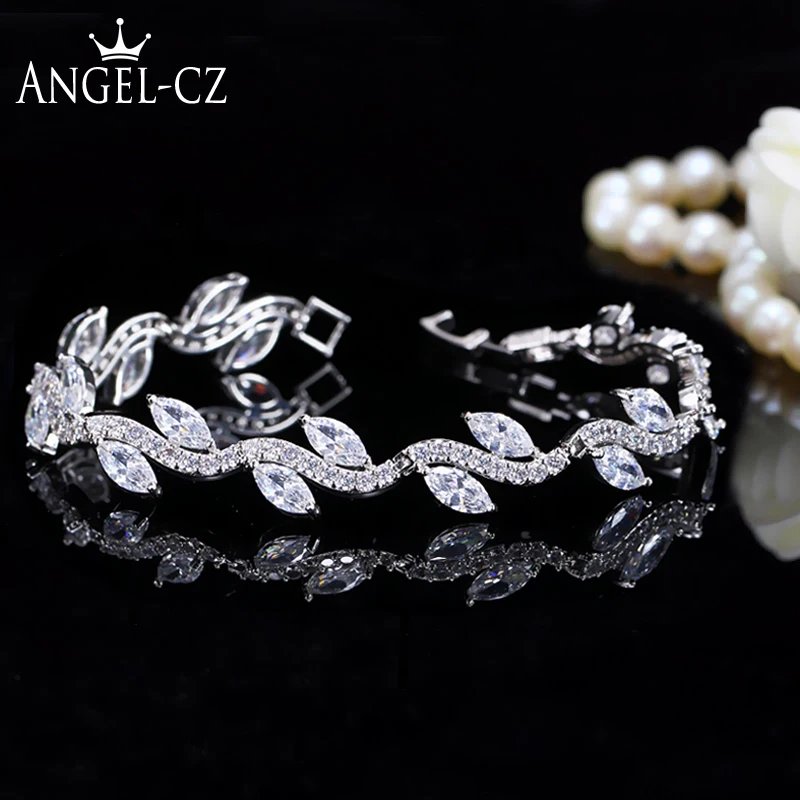 ANGELCZ 925 سوار فضية بلينغ AAA مكعب زركونيا الأزياء ليف سوار للتنس للنساء الكورية نمط مجوهرات AB089 ANGELCZ 925 سوار فضية بلينغ AAA مكعب زركونيا الأزياء ليف سوار للتنس للنساء الكورية نمط مجوهرات AB089