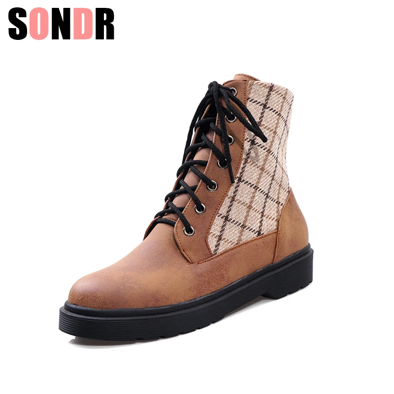 

2019 Winter autumn lattice Shoes Women flat Boots Fashion Warm Shoes Women's Boots Brand Woman Ankle Botas Hard Outsole