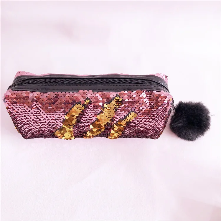 School Pencil Case Reversible Sequin Hairball PencilCase For Girls Bts Stationery Gift Cute Pencil Box Kawaii Student Supplies