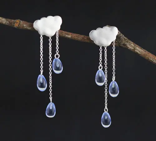 

925 Sterling Silver Cloud Deep Gray Crystal Raindrop Waterdrop Earrings A1530