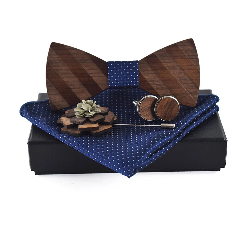 Mens Wood Bow Tie Handkerchief Cufflinks Lapel Pin Set for Male Wedding Wooden Bowtie Polyester Poc