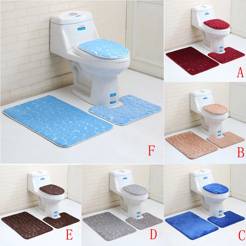 

Toilet Cover Seat 3PC Bathroom Accessories Set Rug Contour Mat Soft Toilet Lid Cover Plan Solid Color Bath Mats Home Decor #35