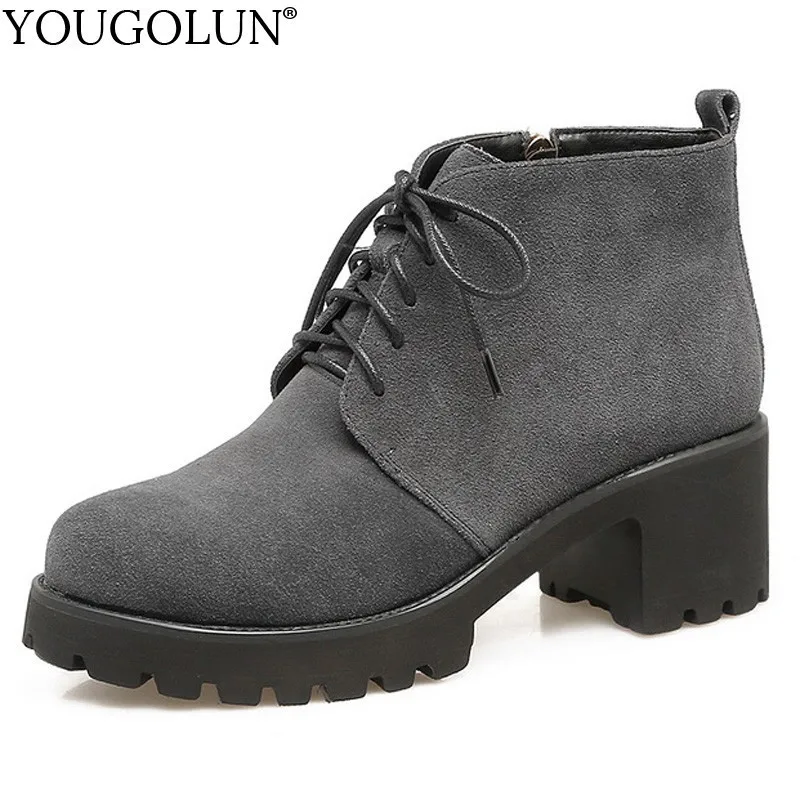 

Cow Suede High Heel Ankle Boots Women Autumn Ladies Square Heels A240 Fashion Woman Lace Up Black Gray Zipper Round toe Shoes