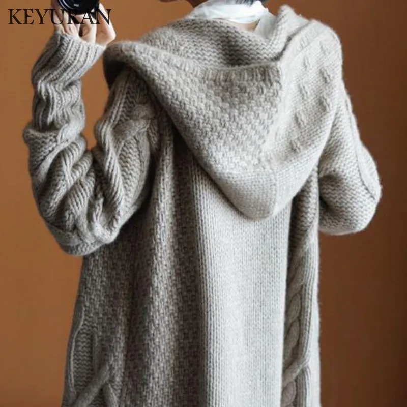 Модный кашемировый осенний женский Винтажный Длинный вязаный кардиган, пальто, Женский Свободный вязаный свитер с капюшоном