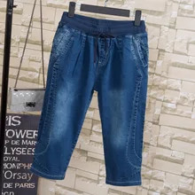 Лето Плюс Размер 4XL 5XL джинсы короткие брюки женские повседневные кружевные Капри женские широкие джинсы шаровары для полных мм