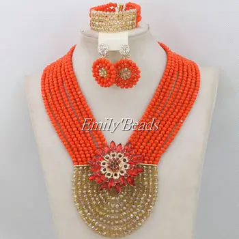 

Splendid African Costume Women Bridal Jewelry Set Orange/Gold Nigerian Wedding Crystal Beads Set 2015 New Free Shipping AIJ056