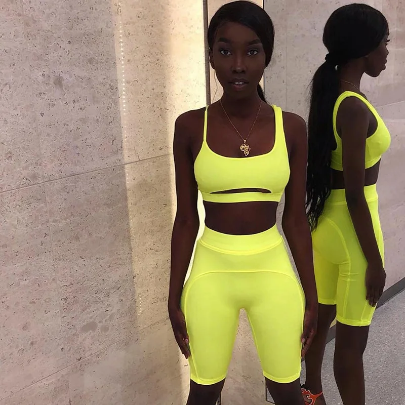 Неоновая желтая короткая сорочка комплект из двух предметов 2019 летние женские открытые уличные облегающие Короткие топы костюмы