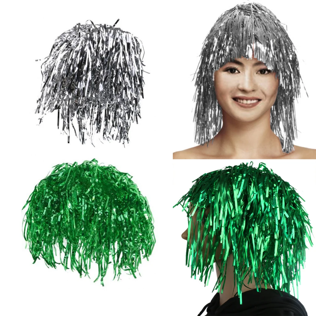 

Pack of 2pcs Women Men Shiny Foil Wigs Silver Green Metallic Tinsel Wig Costume Fancy Dress Holiday Accessory