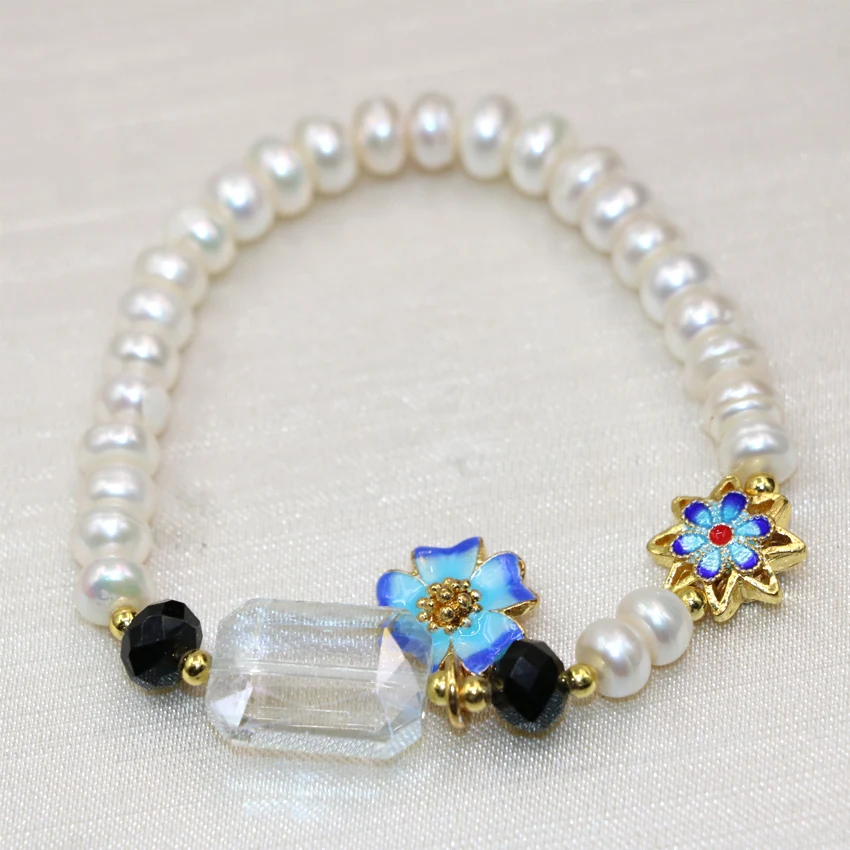 Free shipping natural 6*8mm white pearl beads diy women strand bracelets for women cloisonne free shipping jewelry 7.5inch B2998