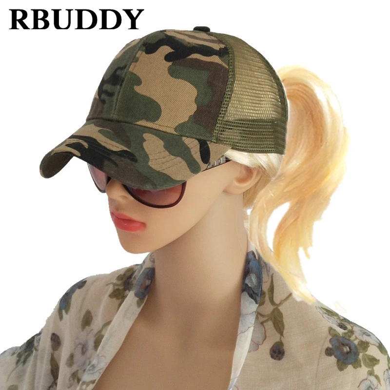 

RBUDDY Ponytail Baseball Caps Hip Pop Camouflage Messy Bun Snapback Summer Trucker Dad Hat for Women Men Gift Mesh Outdoor Hat