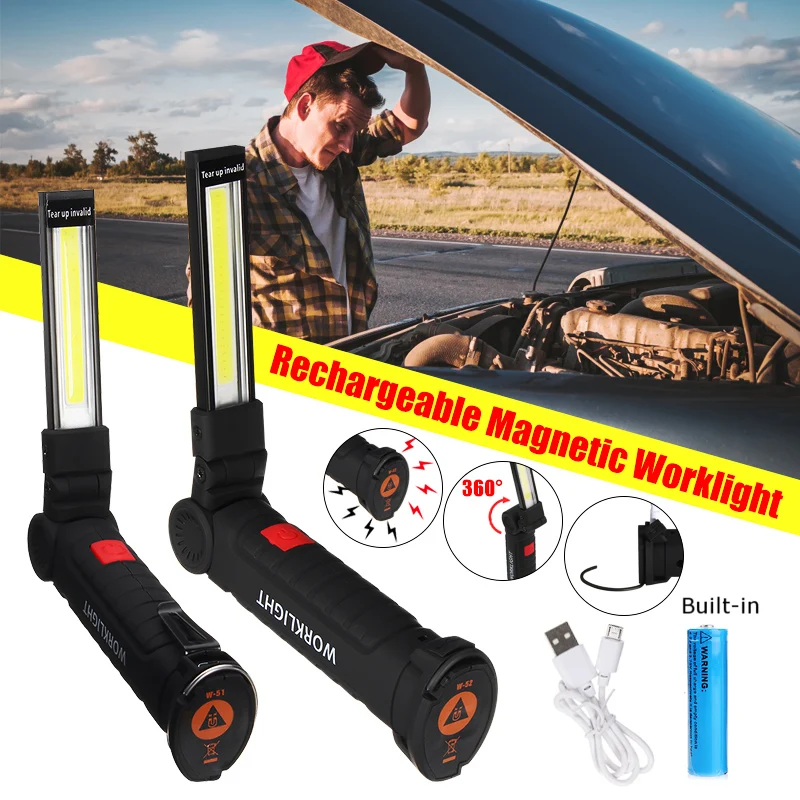 

Portable COB LED Work Light Built-in 18650 Battery USB Rechargeable Flashlight Magnetic Lanterna Torch Hanging Hook Lamp