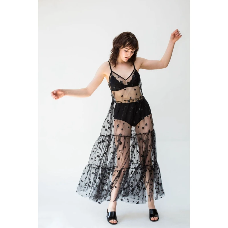 

Elegant Women Shiny Glitter Stars Ladies Mesh Sheer Bikini Cover Up Tulle Spaghetti Straps See-through Maxi Dress Summer Beach