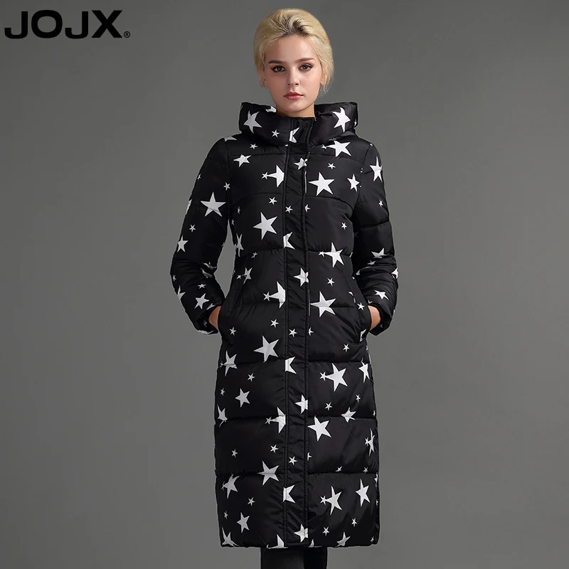 JOJX Новая женская зимняя куртка с принтом 2017 длинная пуховая капюшоном Теплая