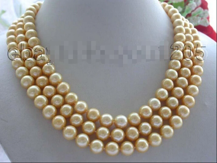 

free shipping 18-19-20" 3rows Genuine Natural 10mm Golden Round Pearl Necklace !
