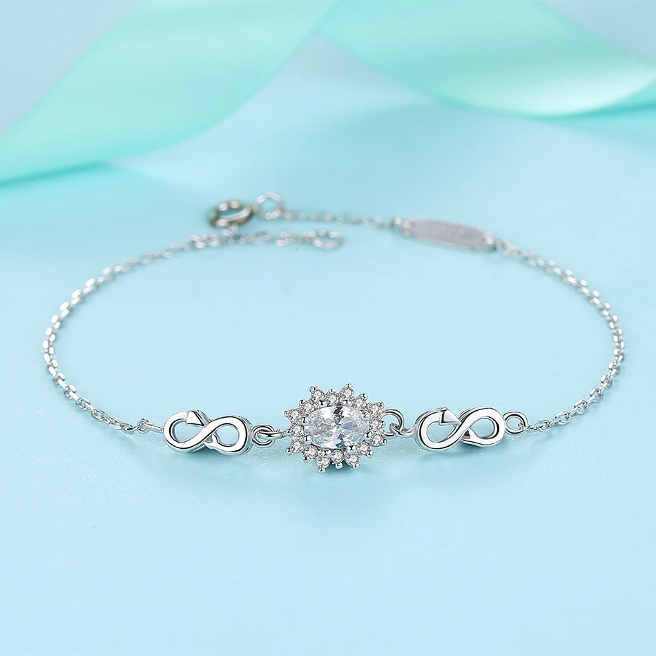 ELESHE 925 Sterling Silver Infinity Charm Bracelet with Round Crystal Adjustable Bracelets for Women Jewelry Christmas Gift