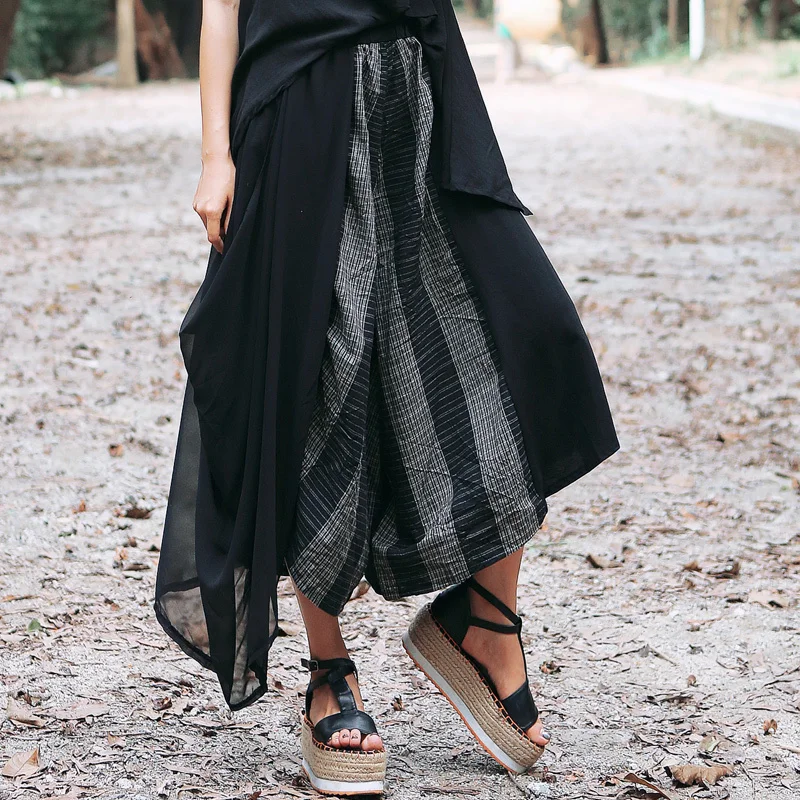 #0618 Summer Joggers Women Spliced Chiffon Wide Leg Pants Female Loose Streetwear Cotton Linen Elastic High Waist Trousers Black #0618 Summer Joggers Women Spliced Chiffon Wide Leg Pants Female Loose Streetwear Cotton Linen Elastic High Waist Trousers Black