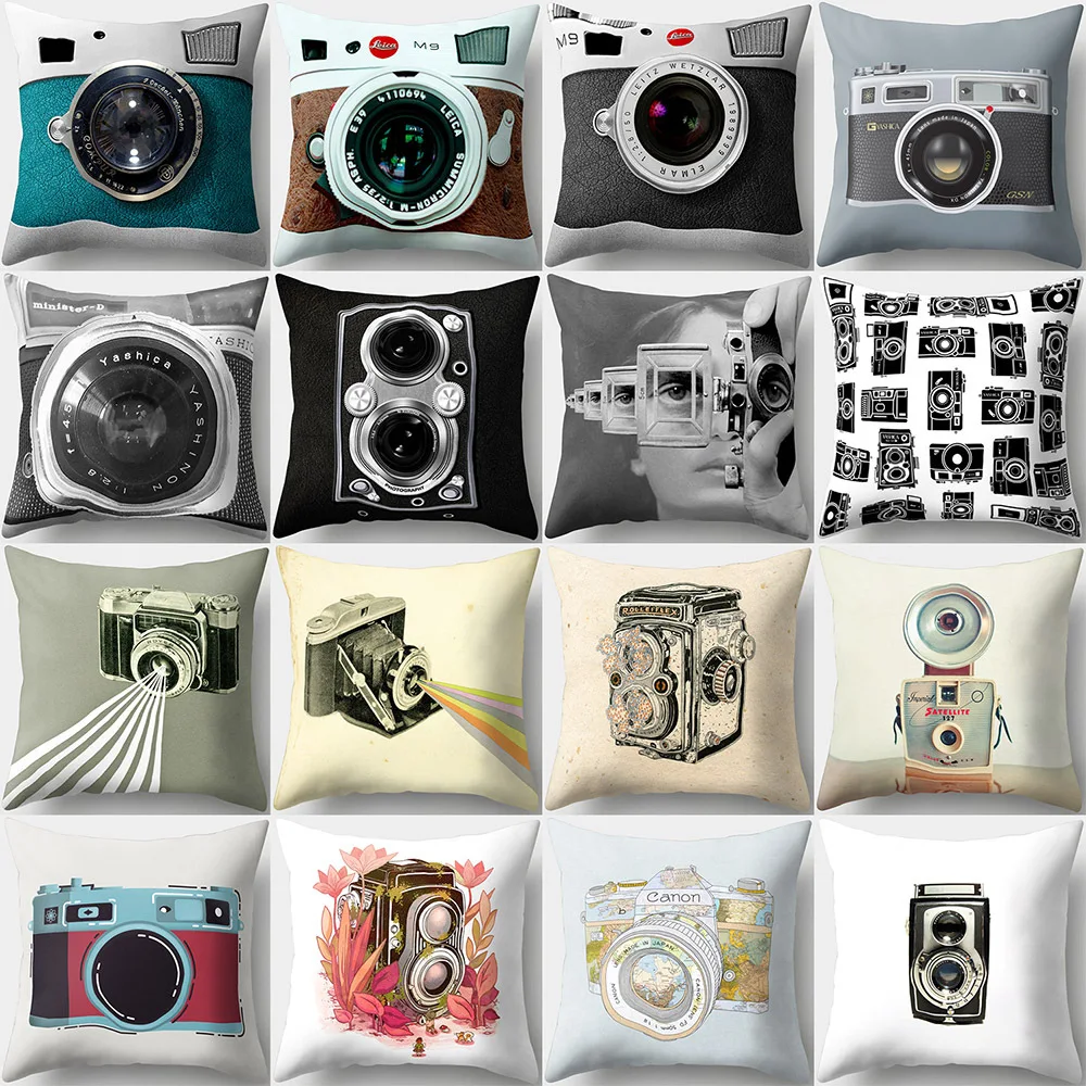 

Retro Camera Pattern Personalized Throw Pillow Cases Decorative White and Black Art Home Decor Polyester Cushion Cover 45*45cm