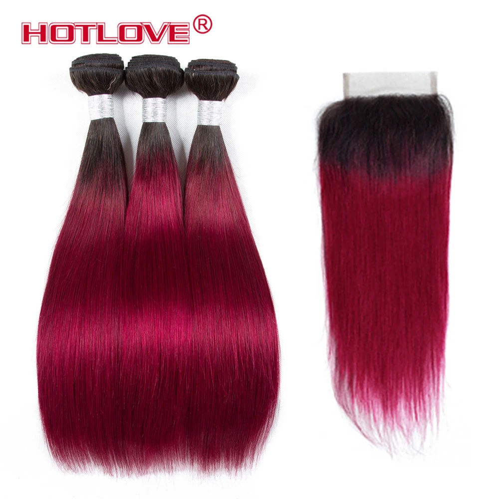 Hotlove Ombre Прямо бразильский волос Комплект с 4*4 закрытия шнурка Цвет 1B/бордовый