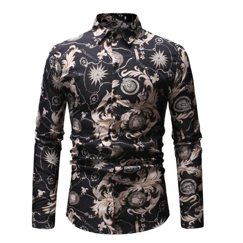 С цветным Ретро принтом Мужские рубашки в стиле кэжуал классические мужские рубашки с длинным рукавом Новые модные весенние рубашки M-3XL - Цвет: ML12 black