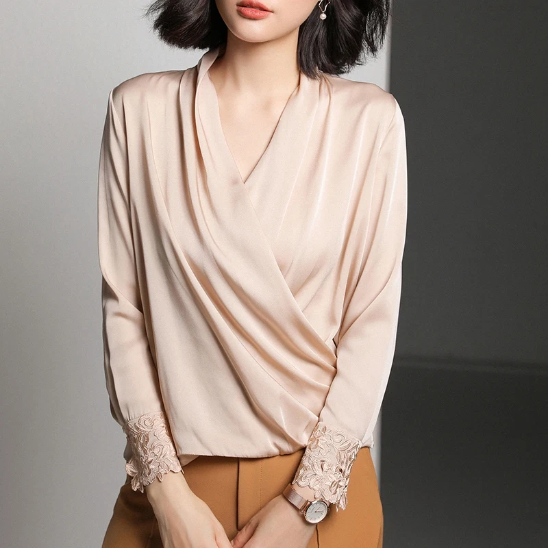 

High End Ladies Natural Silk Tops And Blouses Elegant Embroidery Vintage V-neck Beige Silk Shirt Clothing Shirt Blusa Feminina
