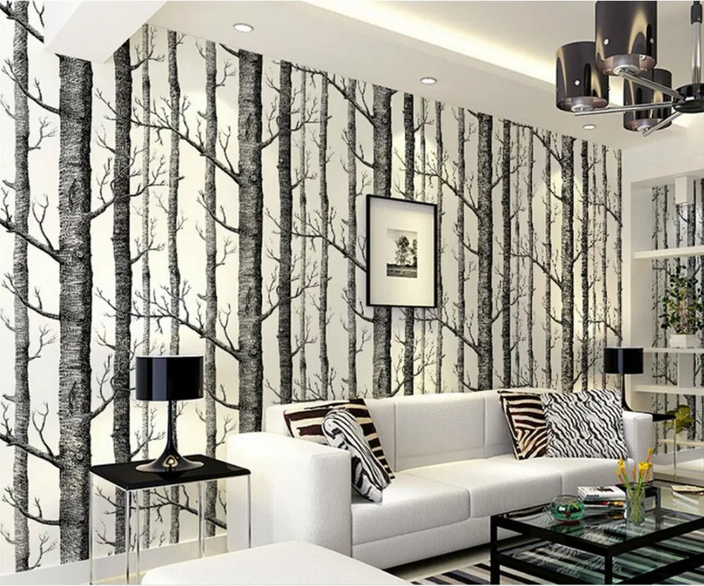 Non Woven Wallpaper Abstract Tree Branches Nordic Birch Woods Sofa