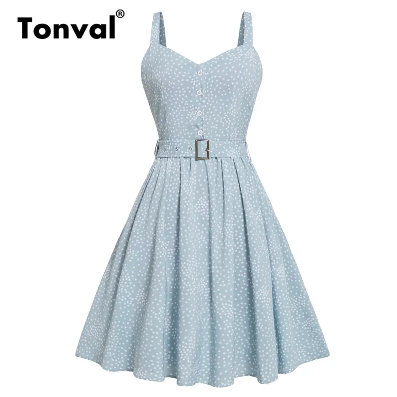 

Tonval Light Blue Single Breasted Belted Polka Dot Shirt Dress Women Spaghetti Strap Pockets Summer Pleated Vintage Dresses