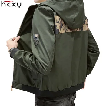 

HCXY 2019 High quality Autumn New Men's Hooded Jacket Outwear solid color Patchwork Casual Jackets Men Coat Army green