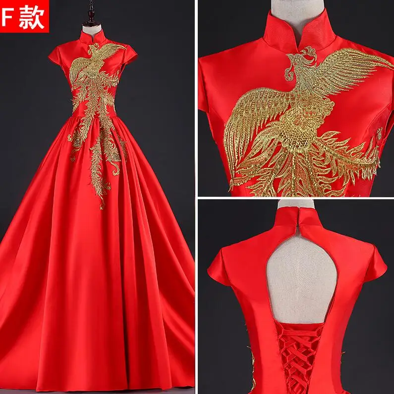 style 3 Роскошное красное вечернее платье со шлейфом, элегантное винтажное платье Ципао с золотой вышивкой Феникса, традиционное китайское свадебное платье - Цвет: style 3