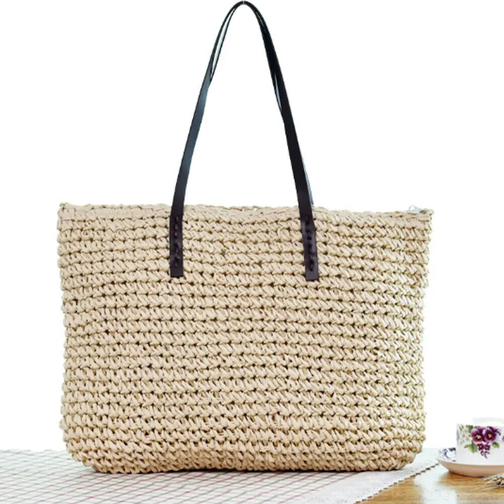 

Summer Boho Women Straw Bag Casual Tote Shoulder Bags Handbags Solid Women Beach Bag