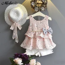 Melario/комплекты для детей Новинка года, детская одежда для девочек Летний шифоновый комплект с бантом и жемчужинами для малышей с шапочкой, комплект из 3 предметов, набор одежды для ребенка