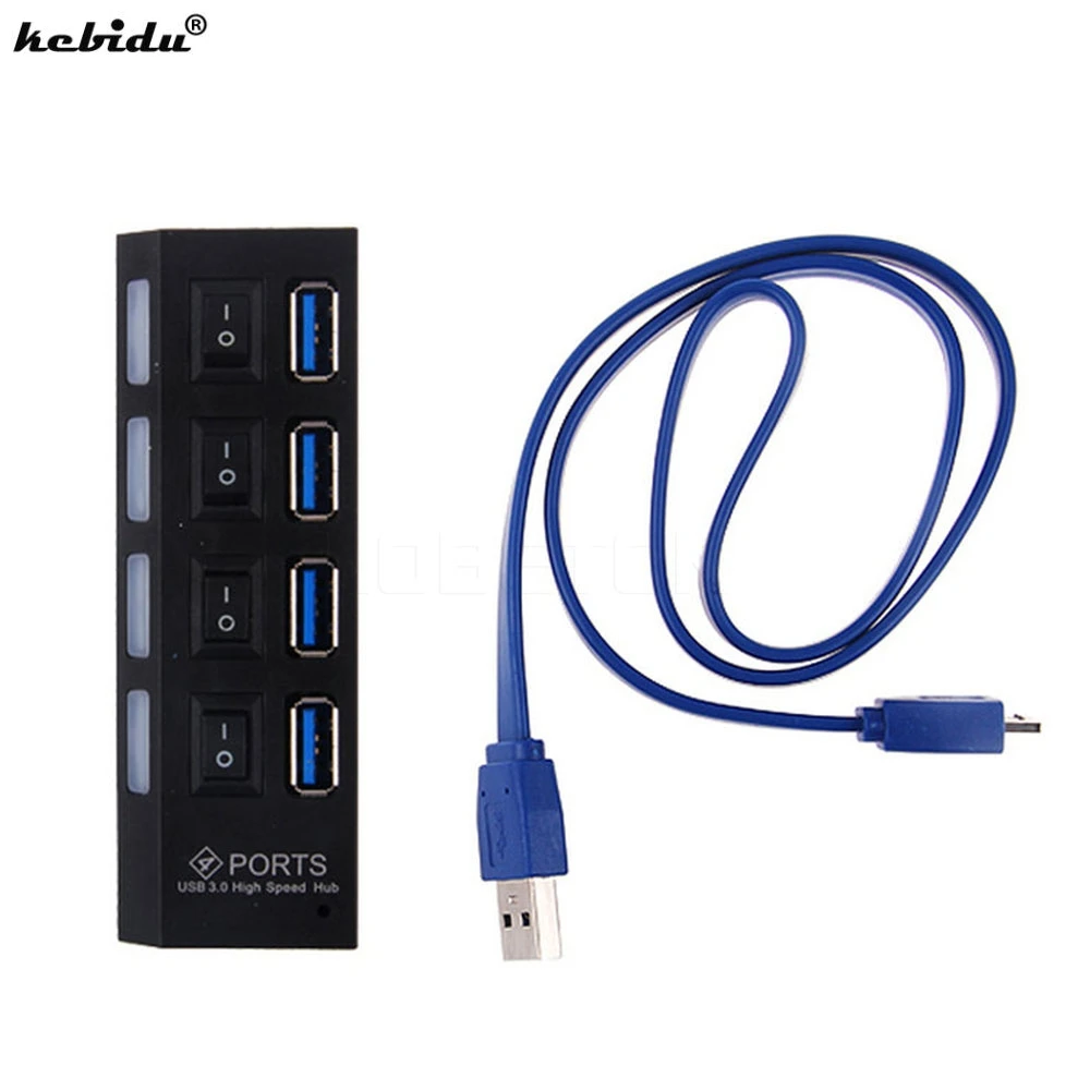 Kebidu портативный usb-хаб высокоскоростной мини USB 3,0 концентратор 4 порта 5 Гбит/с Hubusb с переключателем вкл/выкл USB разветвитель Кабель-адаптер для ПК