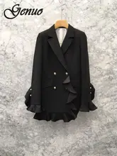 Women Blazer Lotus Leaf Pearl Ladies Blazer Jacket Double Breasted Womens Blazers Long Sleeve Suit Coat Slim Women Tops