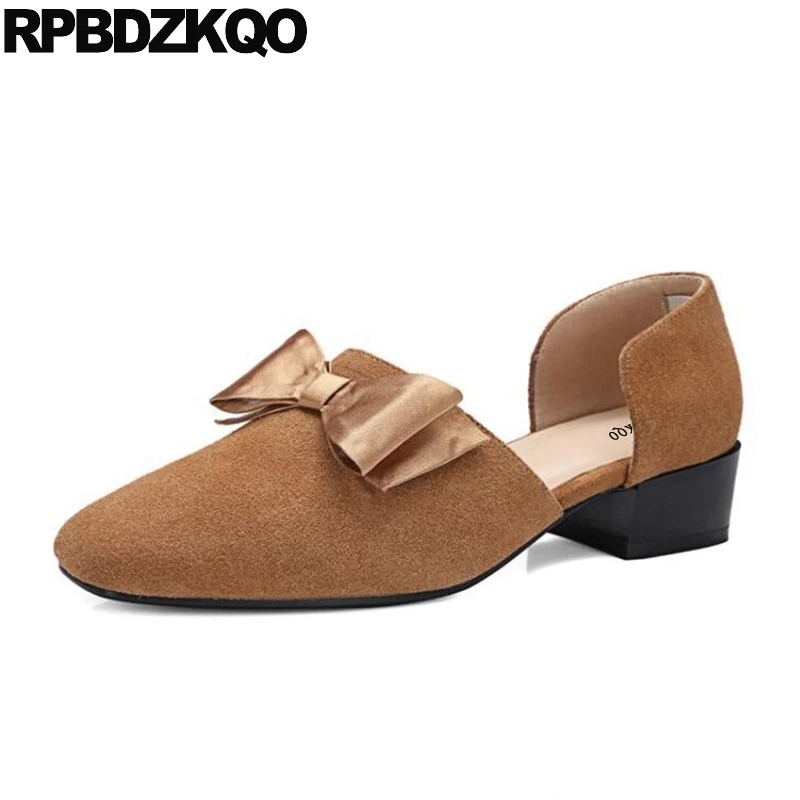 

Block Closed Bow Medium Brown Dress Shoes Low Heels Sandals Suede Women Kawaii D'orsay Square Toe Pumps Genuine Leather Summer